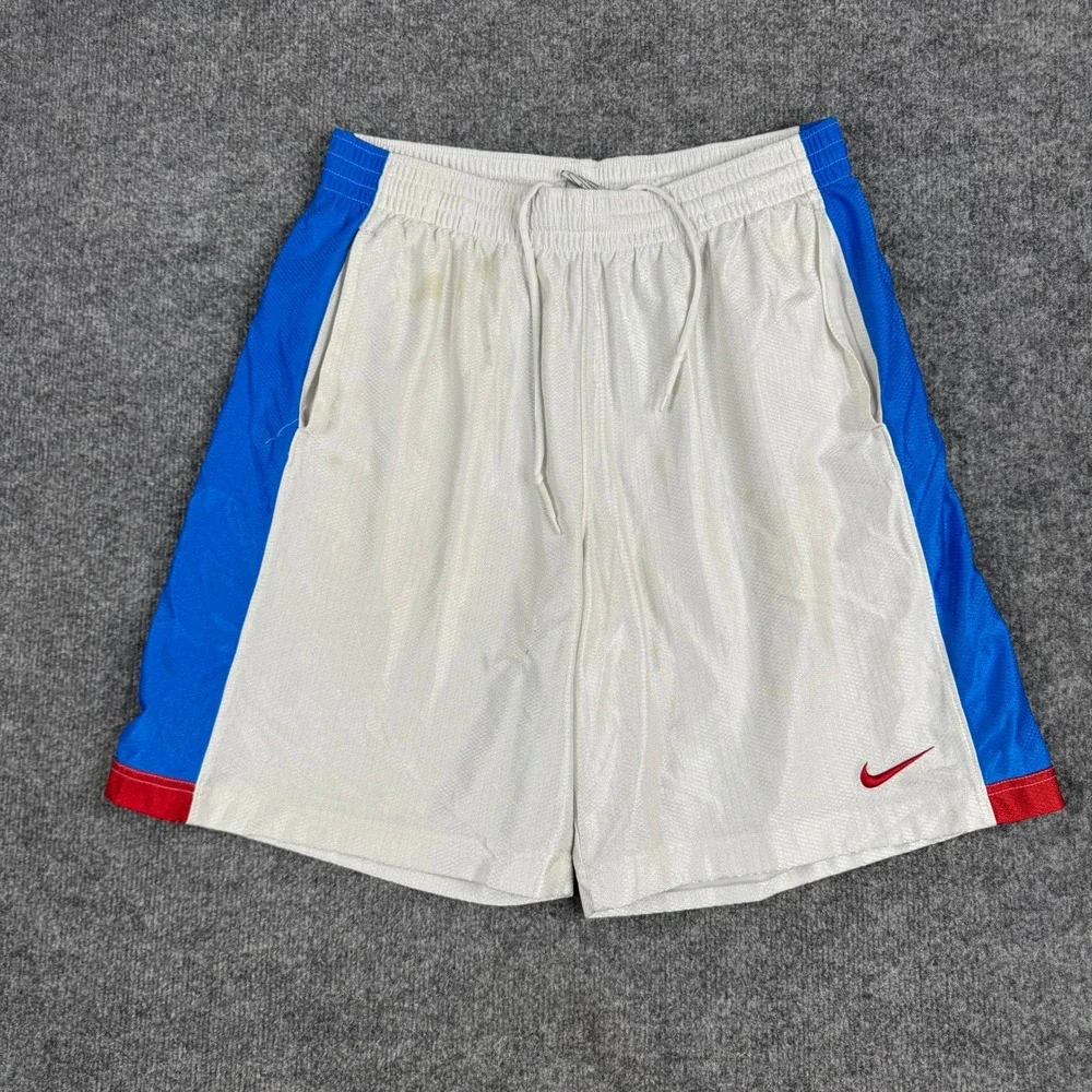 Nike Athletic Shorts Mens Size L White Blue Mesh Basketball Drawstring Stained